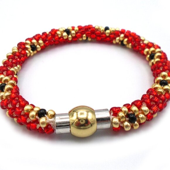 KUMIHIMO Beaded Bracelet RED BLACK GOLD Flower Design Woven Bracelet Handmade - Picture 1 of 2